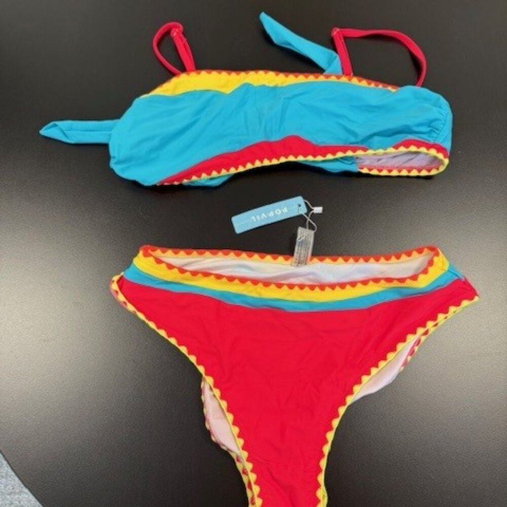 Popvil Bandeau Color Block Shell Trim Blue Bikini Set